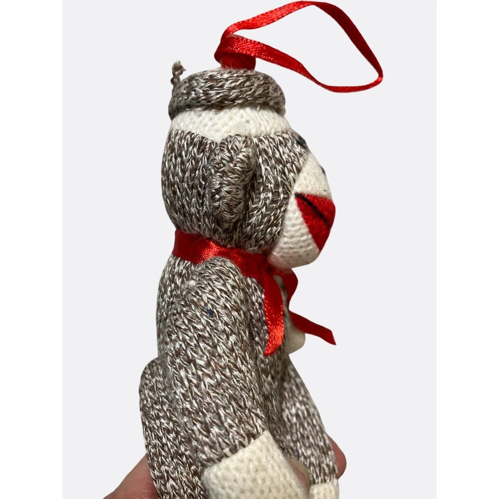 Knitted Sock Monkey Plush Ornament With Red Ribbon - Picture 8 of 10